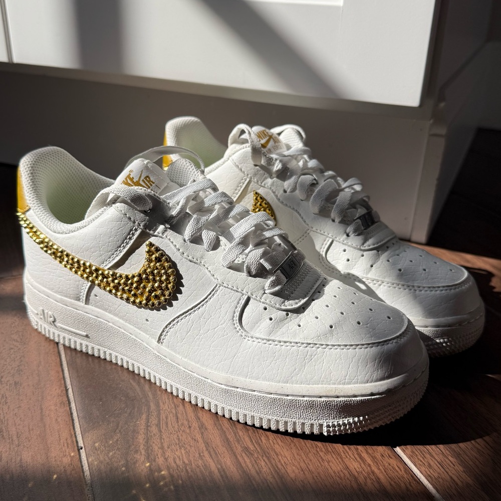 Nike White and Bling Gold Women's Sneakers